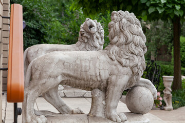 sculptural group of stone lions stands on the steps....