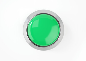 Alarm button 3d render icon - start glossy green simple circle with switch sign, round shutdown metal element