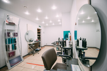 Modern interior of a hairdressing salon. Nobody.