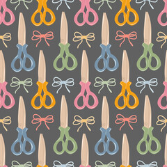 Seamless pattern with closed scissors and threads. Female hobby concept. Modern print for fabric, textiles, wrapping paper. Vector illustration