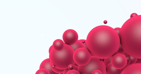 Viva magenta color 2023. Balloons of different sizes close-up on a white background. Viva magenta color abstract background. 3D render.
