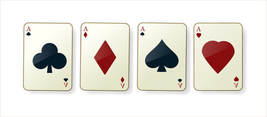Collection of four aces playing cards suits. Winning poker game. Set of hearts, spades, clubs and diamonds ace. Template for casino, web design.