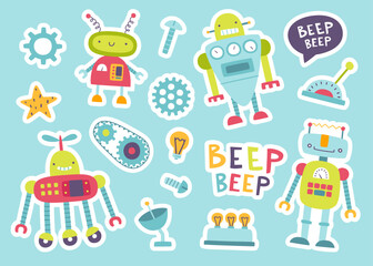 Cute robots stickers set for kids. Cartoon robotic collection for baby boys. Funny machine sticker pack.