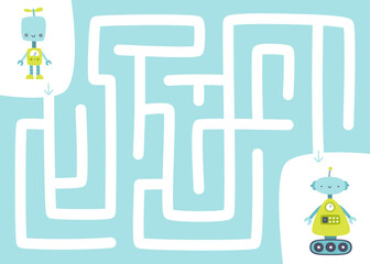 Mini labyrinth game with cute robot mother and her baby. Vector maze with cartoon friendly robots for kids.