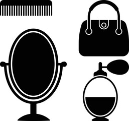 Hair Comb, Dressing Mirror, Perfume and Women Hand bag Icon Vector Illustration