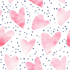 Watercolor hearts and hand drawn dots on white background. Seamless pattern for covers, cards, textiles, Valentine's Day greetings and more