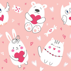 Seamless pattern with hand drawn cute animals.Background for covers, cards, textiles, Valentine's Day greetings and more
