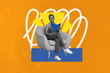 Artwork magazine collage picture of happy smiling lady sitting sofa couch enjoying good book...