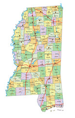 Mississippi - Highly detailed editable political map with labeling.