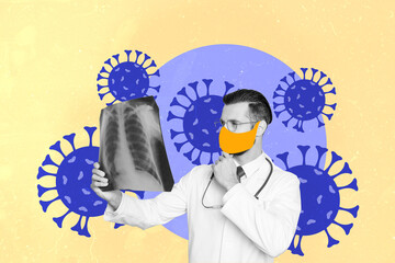 Creative abstract collage template graphics image of serious doctor looking lungs x-ray isolated drawing background