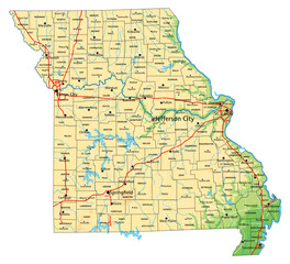 High detailed Missouri physical map with labeling.