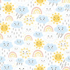 Seamless pattern with weather icons - sun and rainbows, rain and thunder in childish style. Scandinavian kids texture for textile or wrapping