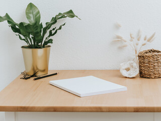 Home office wood desk with home decor amd various accessories