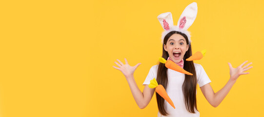 Obraz na płótnie Canvas Look over there. happy teen girl wear bunny ears. Easter child horizontal poster. Web banner header of bunny kid, copy space.