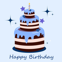 Postcard blueberry birthday cake with candles and text