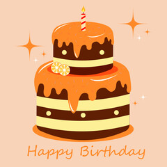 Postcard orange birthday cake with candles and text