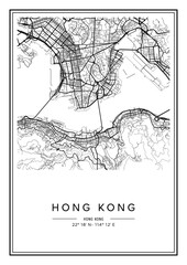 Black and white printable Hong Kong city map, poster design, vector illistration.
