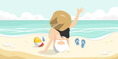 Beach cartoon scene, woman sitting on sand beach with beach ball and sandals, Vector illustration.