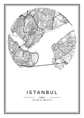 Black and white printable Istanbul city map, poster design, vector illistration.
