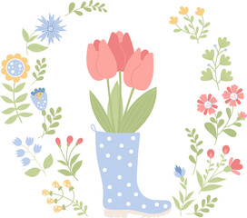 Bouquet tulips in rubber boot and flowers