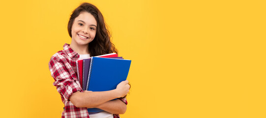 Fototapeta teen girl ready to study. happy childhood. cheerful kid going to do homework with books. Banner of school girl student. Schoolgirl pupil portrait with copy space. obraz