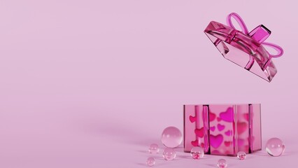 Valentine's day design with glass concept. a glass gift box inside with a few hearts and a few glass balls outside the box, space for text, 3d rendering.