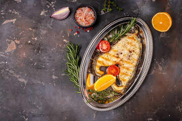 fish fillet grill, Fish dish, Clean eating, dieting, vegan food concept. top view