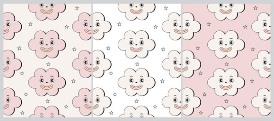 Groovy Cartoon Style Baby Shower Seamless Vector Pattern with Smiling Clouds on a Pink, Beige and White Background. Baby Girl Party Print ideal for Fabric, Wrapping Paper. Cute Pink Cloudy Sky Design.