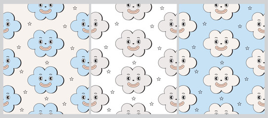 Obraz premium Groovy Cartoon Style Baby Shower Seamless Vector Pattern with Smiling Clouds on a Gray, Blue and White Background. Baby Boy Party Print ideal for Fabric, Wrapping Paper. Cute Blue Cloudy Sky Design.