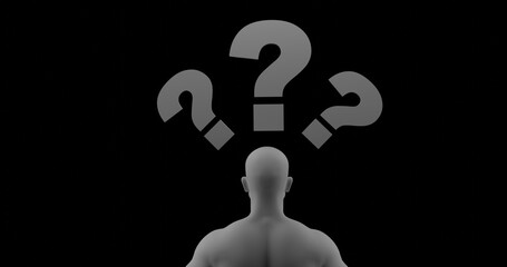 silhouette of a man's head, with a question mark over his head, on a black background, abstraction, 3d