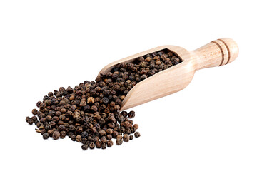 Black pepper in wooden measuring spoon. Isolated on white background for clipping. Without shadow