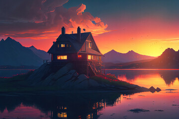 Fototapeta na wymiar Old wooden house near lake against beautiful mountains at sunset. Digitally generated AI image