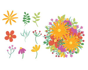 set of vector colorful spring summer flowers, floral bouquet