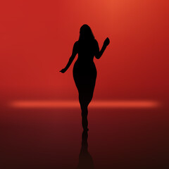 Dancing woman figure. Girl in dark dancefloor club. DJ red light shadow female body. Character vector illustration.