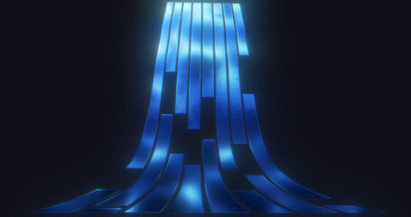 Abstract metallic glowing shiny lines and stripes in rays of light fly upwards on a dark background. Abstract background