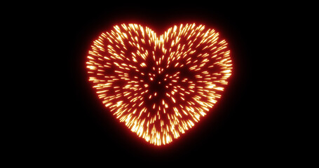 Abstract red fireworks festive fireworks for valentine's day in the shape of a heart from glowing particles and magical energy lines. Abstract background