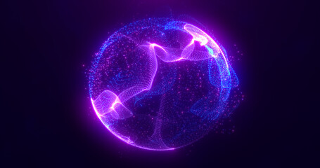 Abstract round blue to purple sphere light bright glowing from energy rays and magic waves from particles and dots, abstract background