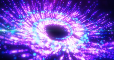 Abstract purple and blue bright luminous particles flying in a spiral in a whirlwind magical energy, abstract background