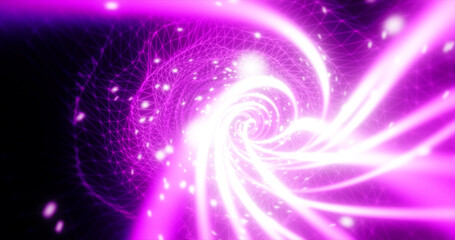 Abstract purple futuristic tunnel from a grid of particles lines glowing bright shiny neon digital magical energy on a dark background. Abstract background