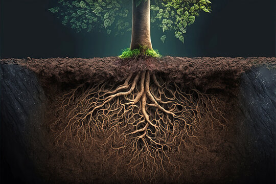 Root system of a tree growing underground, soil section concept. Generative AI illustration