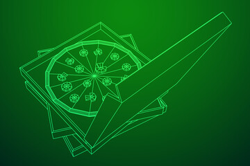 Fresh pizza in box. Wireframe vector