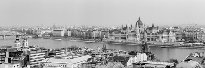 Black & White Panoramic view of the Hungarian Parliament Building across the river Danube, Budapest.