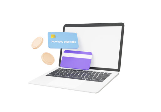 Online payments credit or debit card concept coins floating isolated. money refund transfer via computer laptop financial transactions. cartoon minimal style symbol. 3D render illustration
