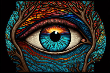 Abstract magical fantasy eye, stained glass, Generative AI	