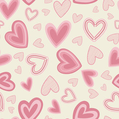 Valentine's Day Scattered Doodle Pink Hearts on beige Background