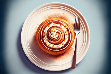 Top view of delicious cinnamon bun on plate as dessert illustration. Generative AI