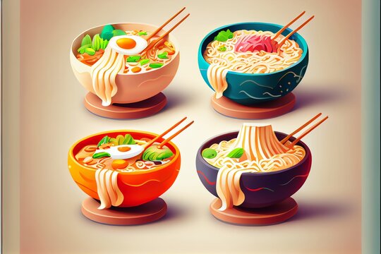 Set of cartoon asian noodle ramen. Generative AI