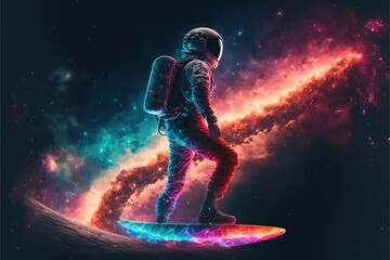 Spaceman on flying surf board. fluo universe landscape generative ai
