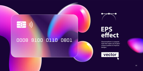 Glass morphism credit card template with floating multicolor rainbow shapes.