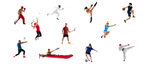 Set of people doing different kind of sports isolated over white background. Collage. Concept of...